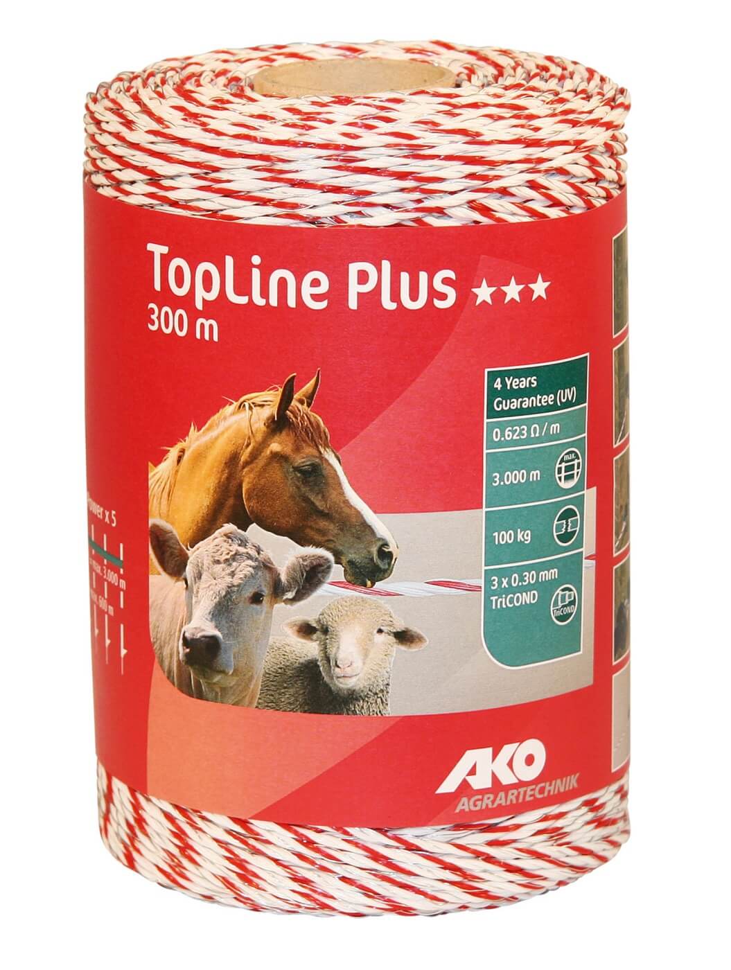 AKO TopLine Plus Weidezaunlitze 300 m - weiß / rot