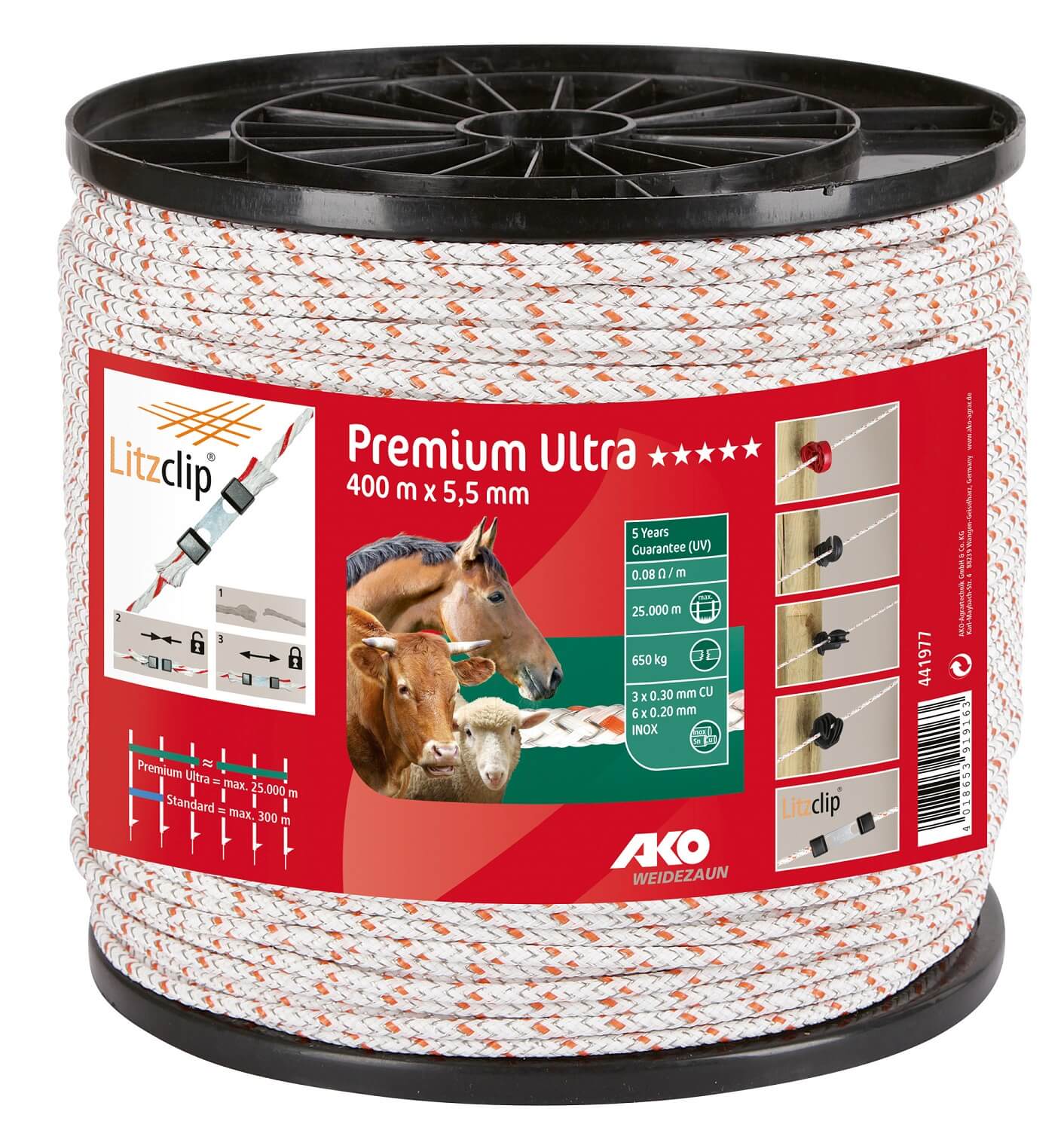 AKO Premium Ultra Weidezaunseil Ø 5,5mm, 400 m - weiß / orange