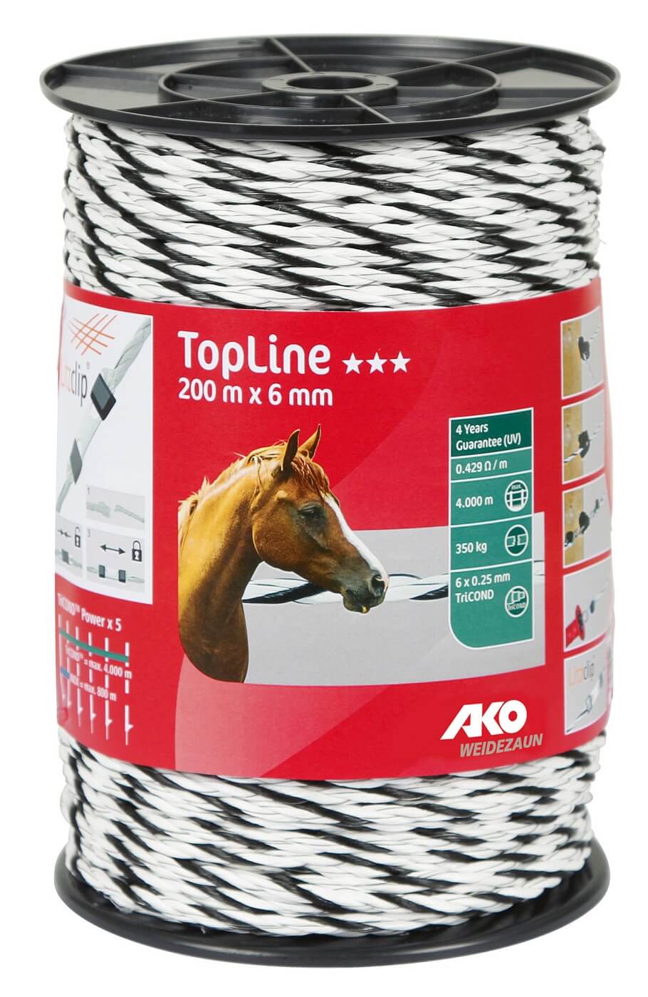 AKO TopLine Plus Weidezaunseil Ø 6 mm, 200 m - weiß / schwarz